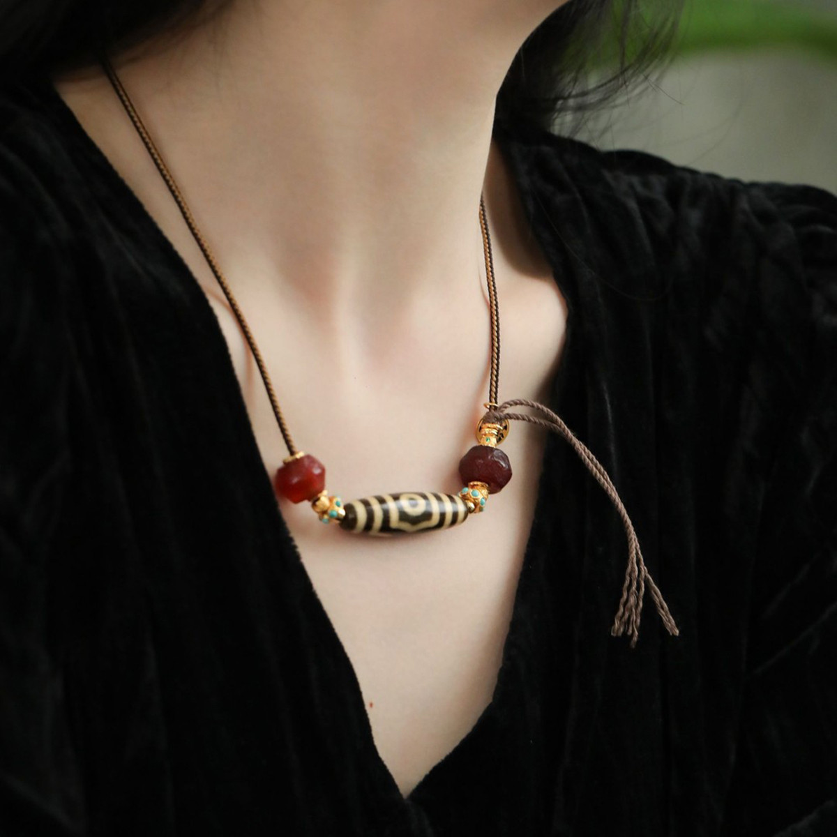 925银玛瑙天珠复古风项链锁骨链女轻奢高级感小众设计毛衣链