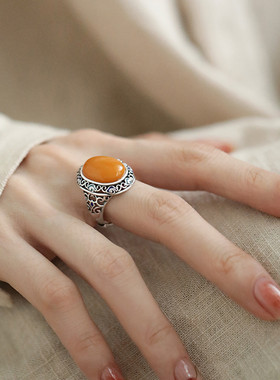 足银999蛋面烧蓝复古琥珀蜜蜡镂空祥云戒指民族风时尚指环女饰品