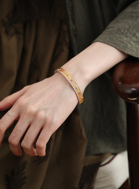 足银999描金新中式珐琅纹面大象开口手镯女小众高级感百搭实心