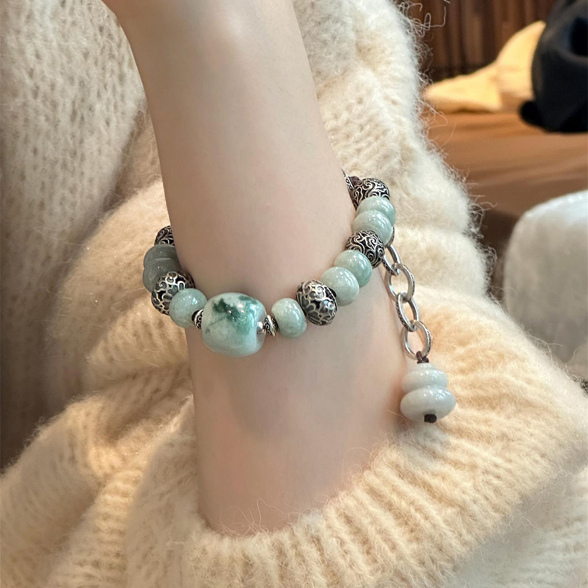 925银翡翠A货珠珠葫芦手链女复古国风新中式祥云珠轻奢手环手串