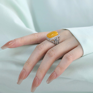 925银方糖琥珀蜜蜡花纹戒指女民族风指环高级感装饰小众设计尾戒