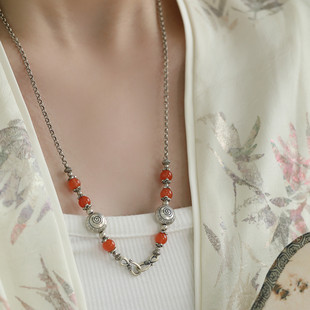 925纯银双勾南红玛瑙项链女复古做旧链子气质国风新中式百搭饰品