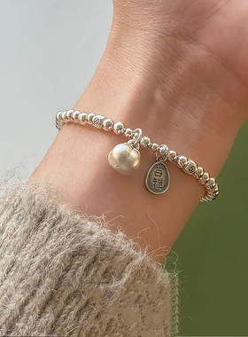 足银999复古中国风南瓜吉祥如意光珠手链女泰银做旧手饰素银手串