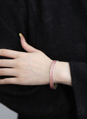 999足银吉言手镯女国风新中式珐琅女实心复古镯子手环小众设计