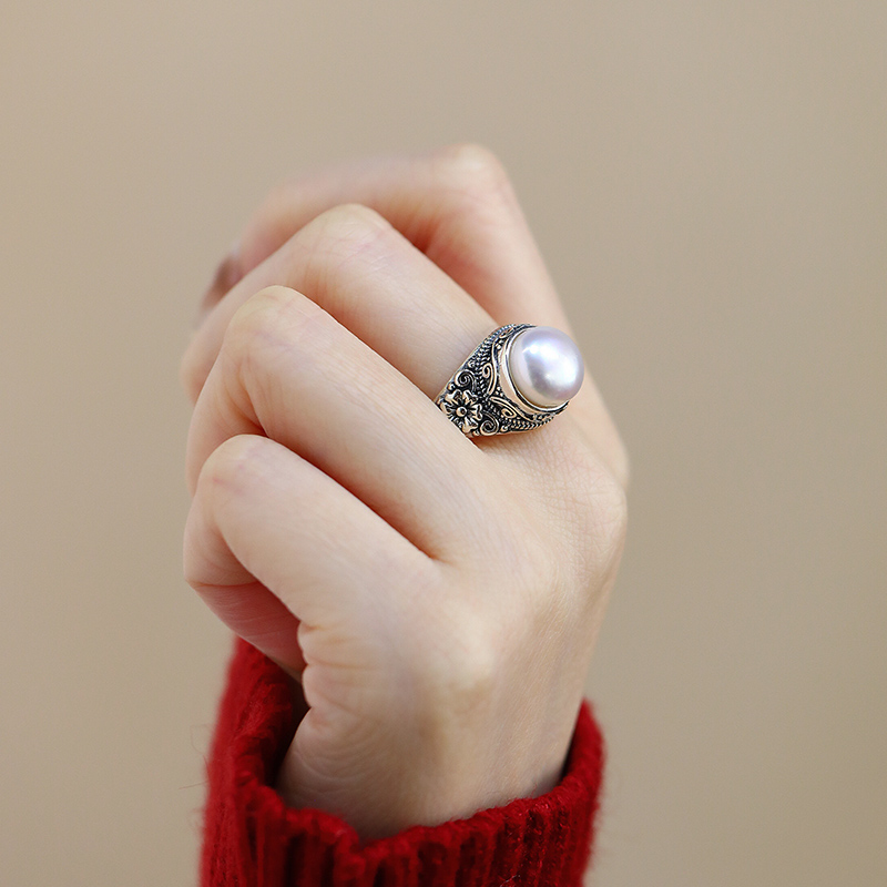 S925纯银珍珠花朵开戒指女国风复古文艺个性新中式指环小众民族风