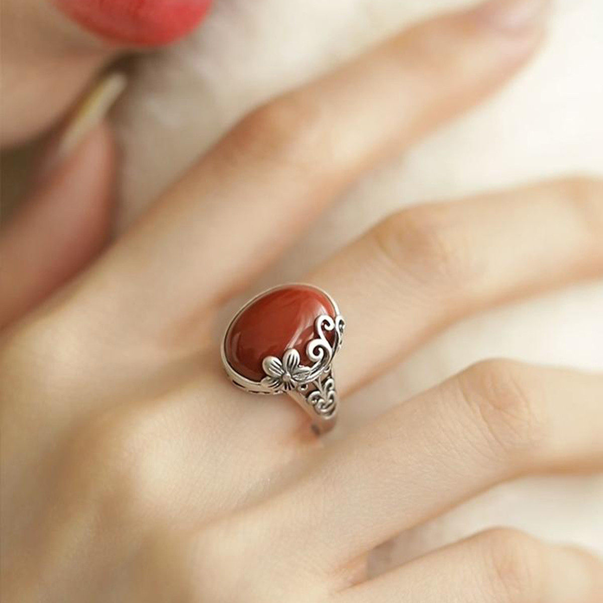 S925纯银戒指女国风新中式复古镂空花丝南红玛瑙民族风个性开口戒