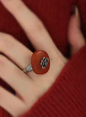 925纯银莲花柿饼琥珀蜜蜡戒指女2025年可调节指环国风新中式礼物