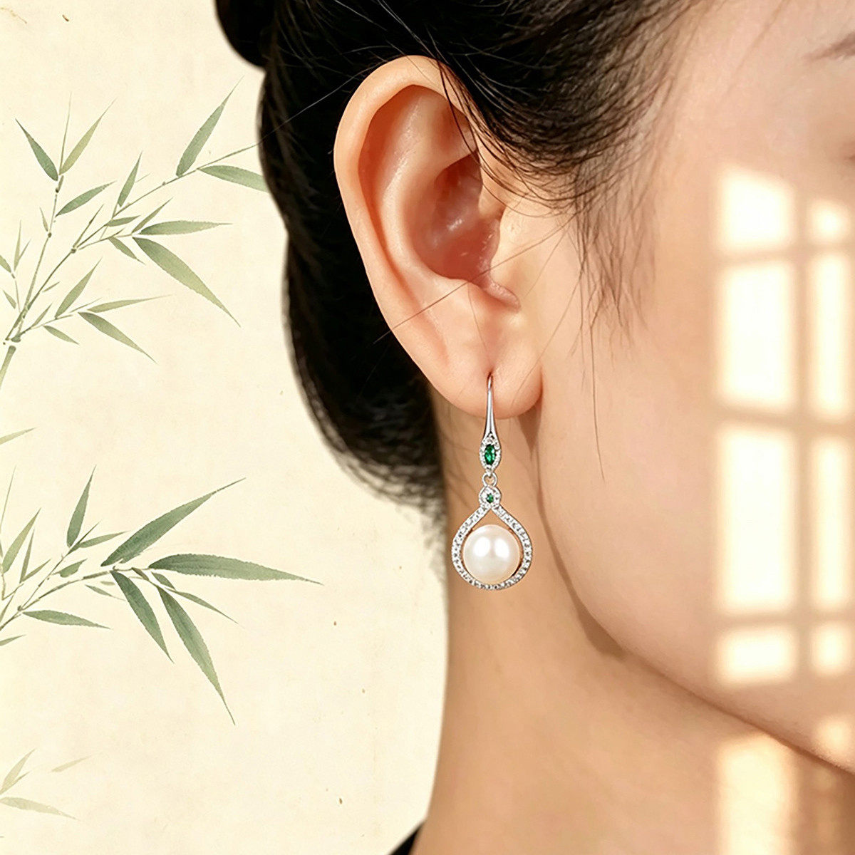 S925纯银珍珠不规则新中式复古耳环女耳钩耳吊银耳饰小众设计