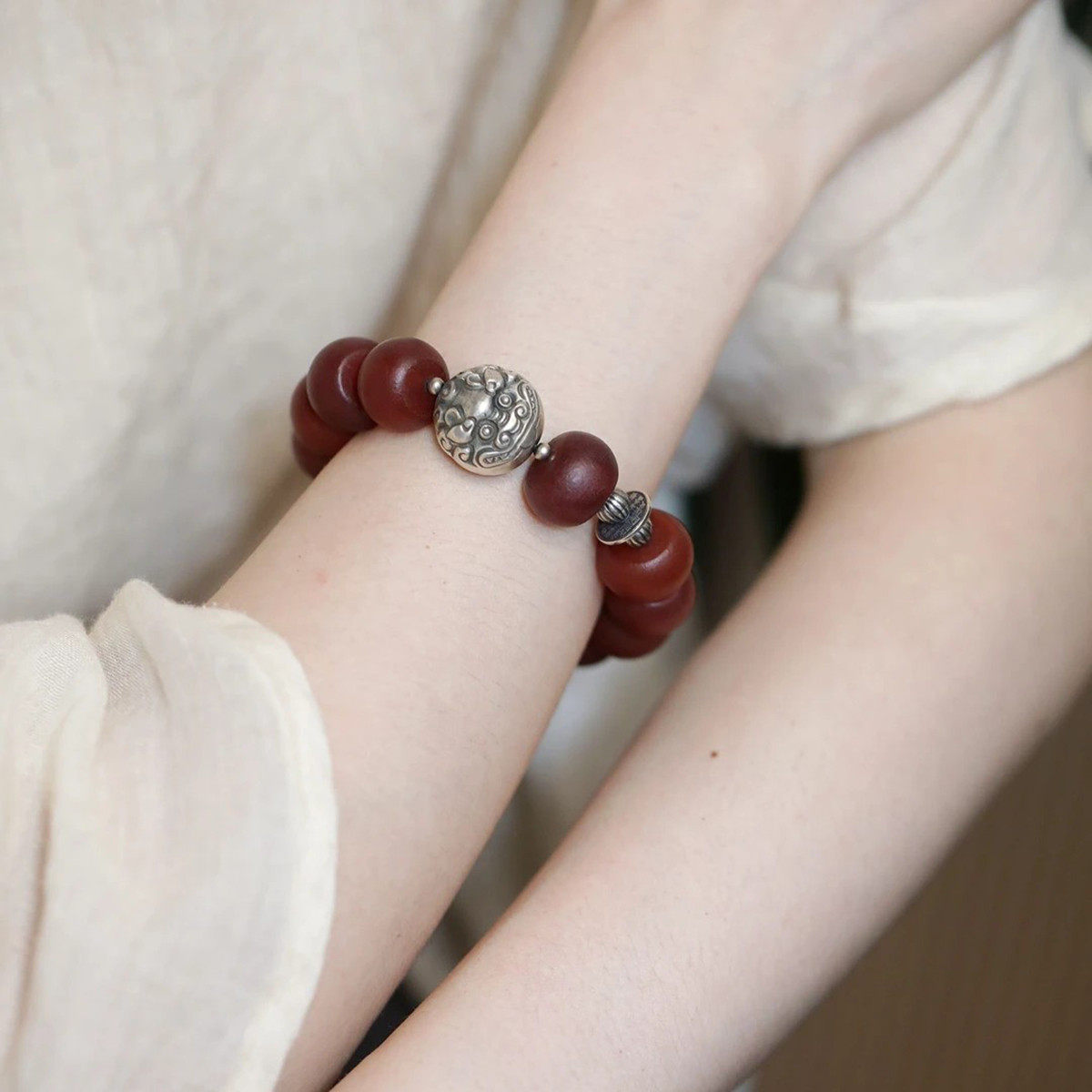 925银复古玛瑙醒狮民族风手链女气质手串女新中式小众设计首饰