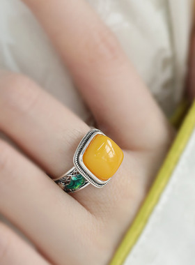 925银珐琅镂空荷叶琥珀蜜蜡方形几何戒指女国风新中式指环饰品