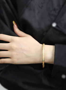 足银999珐琅描金葫芦蝴蝶开口手镯女民族风实心镯子小众设计饰品