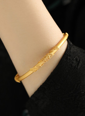 金枝玉叶足银闭口手镯女高级感小众文艺银镯子女999实心镯子手环