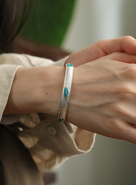 足银999珐琅树叶开口手镯女高级感2025年新中式实心镯子手环饰品