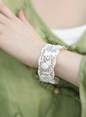 999足银国风镂空花丝葫芦花瓣手镯女小众设计新中式高级感银镯子