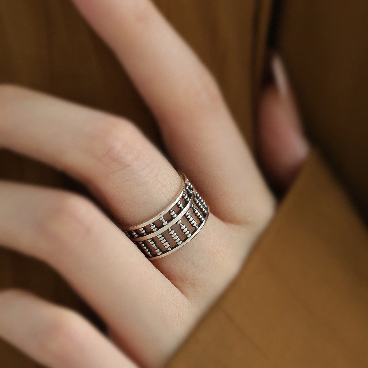 925银复古算盘开口戒指女2025年气质个性民族风指环饰品饰品