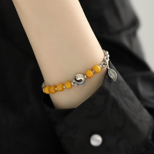 925银锦鲤琥珀蜜蜡珠珠手链女国风新中式轻奢高级感复古手环饰品