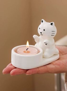 新中式陶瓷小猫香薰蜡烛台摆件