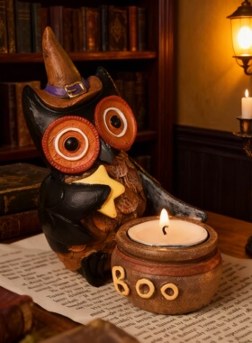 万圣节猫头鹰陶瓷烛台摆件