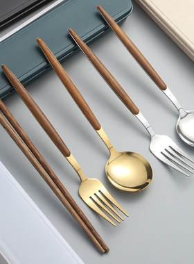 不锈钢餐具便携套装学生自用叉子勺子抗菌鸡翅木柄筷子收纳盒户外