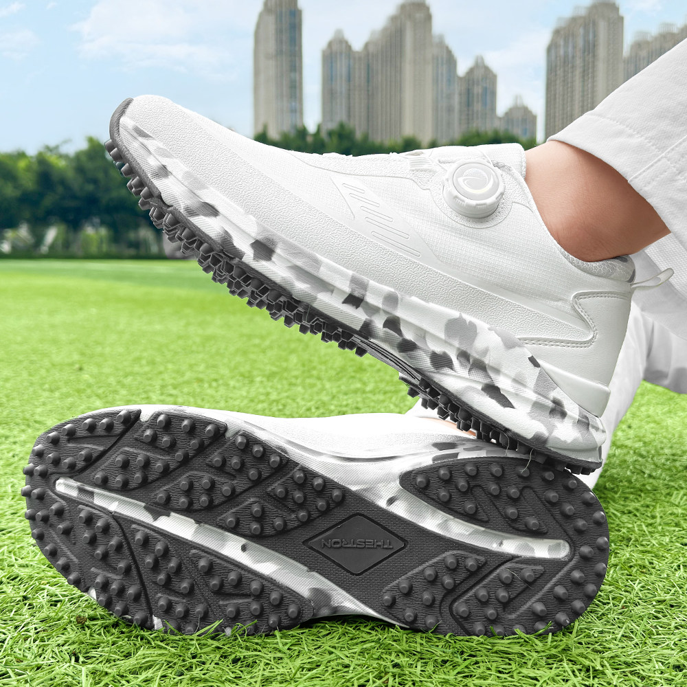 高尔夫球鞋男无钉旋钮扣运动休闲轻便舒适防滑透气白黑色大码外贸