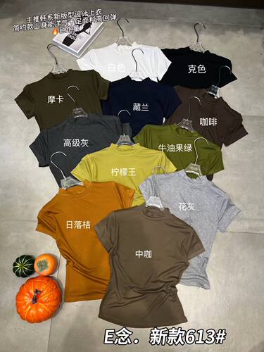 E念613新款立领正肩短袖T恤女高弹力基础百搭纯色修身显瘦上衣潮