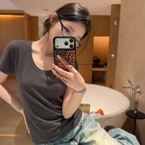 E念610早秋新款韩版U领短袖T恤女纸片T修身显瘦百搭打底衫上衣