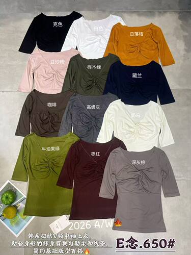 E念650早秋新款韩版V领中袖t恤女修身显瘦百搭打底衫上衣女