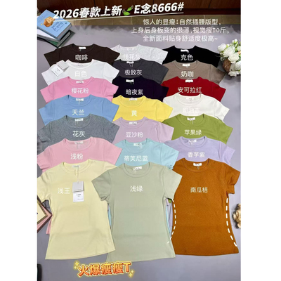 E念8666夏季新款螺纹棉修身收腰显瘦圆领甜辣百搭短袖T恤女上衣