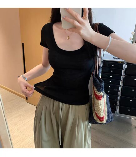 E念618韩系莫代尔高级感超好看正肩U领短袖T恤女修身显瘦气质上衣