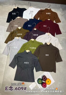 E念609早秋新款立领半袖T恤简约修身显瘦百搭中袖打底衫上衣女潮