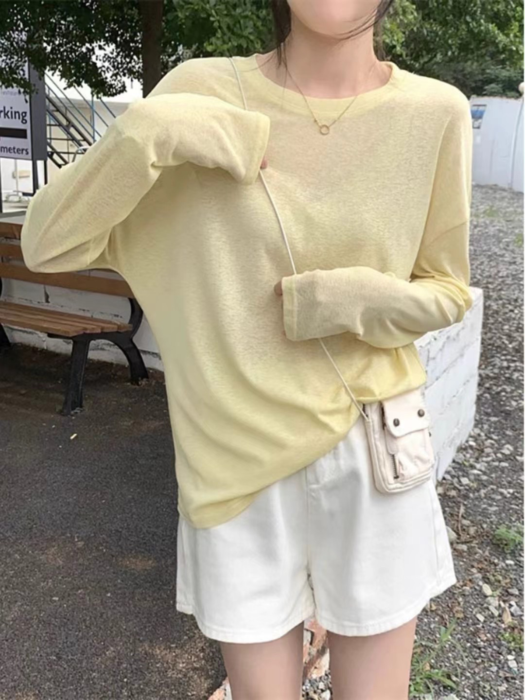E念8737慵懒风冰丝面料长袖T恤女夏宽松薄款防晒空调罩衫chic上衣