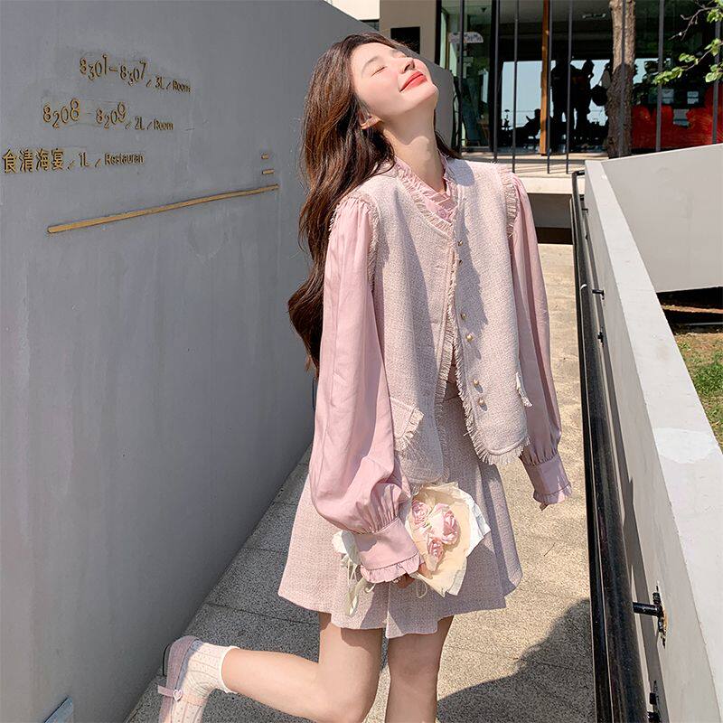 小香风流苏套装女小个子春秋新款时尚马甲打底衫百褶短裙子三件套