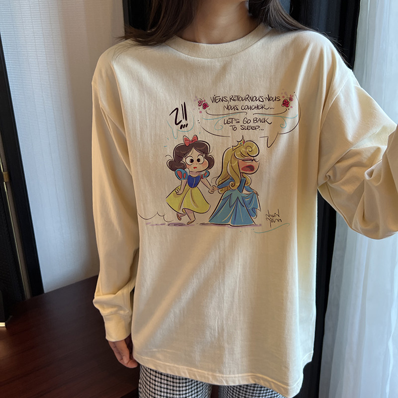 22秋新款手绘白雪公主和艾莎全棉可爱印花宽松百搭长袖打底T恤