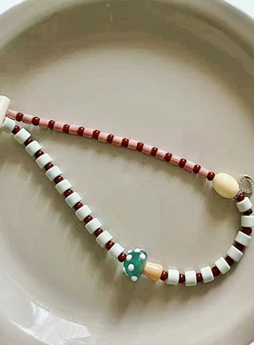 可爱手作撞色蓝粉小蘑菇串珠挂件绳ccd手机链条钥匙包挂饰手腕绳