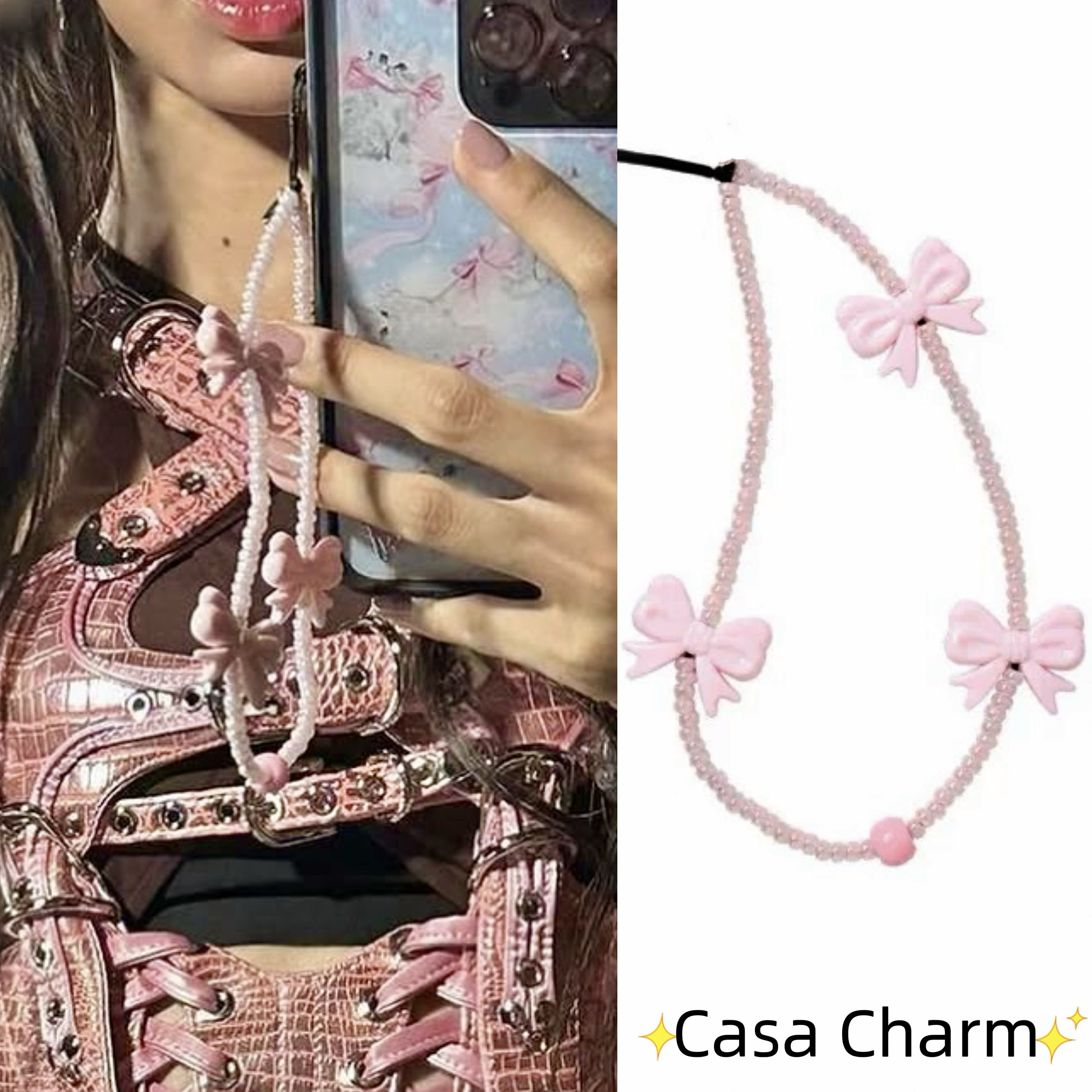 Lisa同款粉色蝴蝶结珍珠手机链水晶串珠ccd相机挂件绳防丢Jennie
