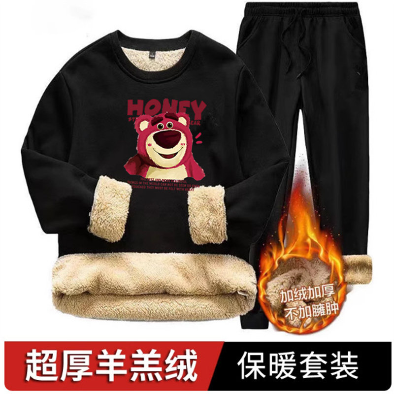 羊羔绒套装男冬季防寒保暖衣加绒加厚卫衣卫裤潮流爆款大码两件套