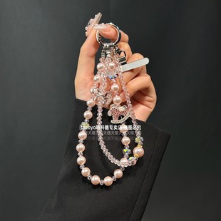 新款木马手机链巨好看珍珠水晶手腕链条精致漂亮网红串珠挂链创意可拆双层短手链马年防丢挂饰包包钥匙垫片壳