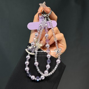 水钻木马珍珠手机链可拆双链条奢华高档挂手腕手链挂饰时尚小马挂链爆闪水晶串珠精致高级感短挂绳包包钥匙壳