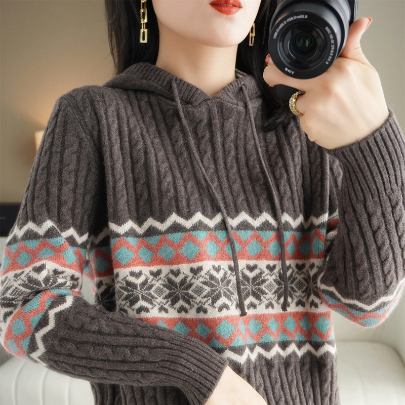 连帽卫衣女针织衫2025秋冬民族风宽松打底洋气毛衫慵懒风麻花毛衣,女装/女士精品,毛针织衫,淘宝优惠券,粉丝福利购,淘宝优惠卷