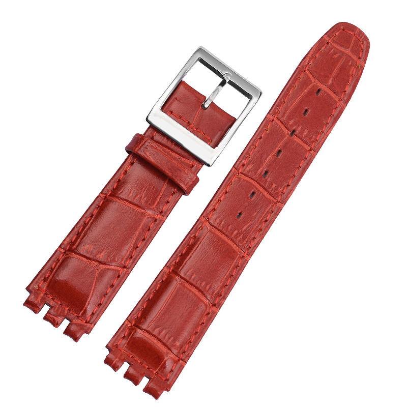 真皮表带适配斯沃琪SWATCH手表腕带17 19mm情侣表链 红色白色皮带