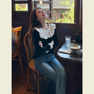 冬季高级小众不撞衫荷叶边上衣独特超好看洋气减龄黑色丝绒衬衫女