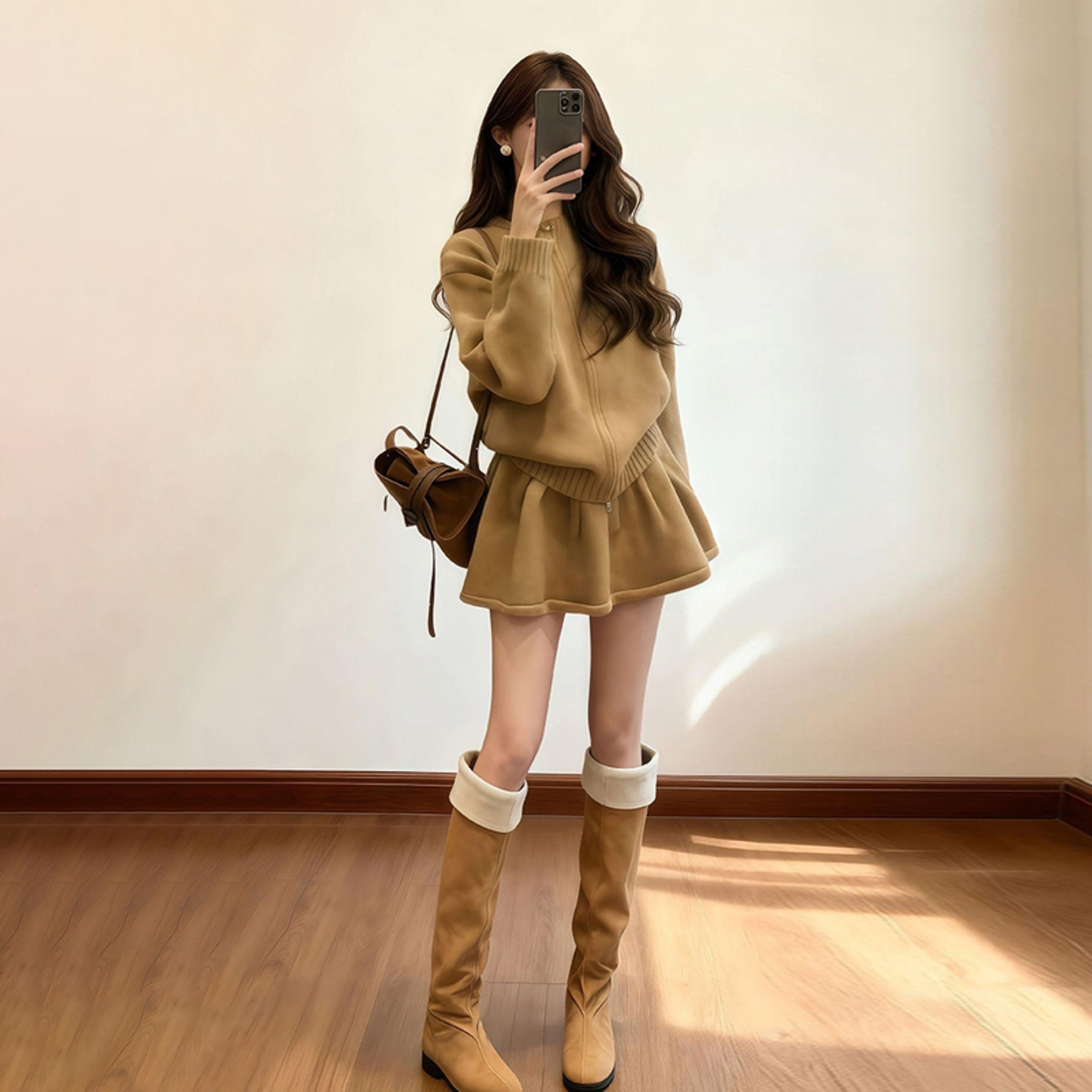 巨好看冬季一整套轻奢高级感大方得体穿搭卡其色针织衫两件套装裙