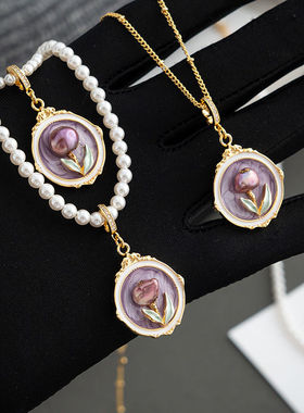 油画花朵吊坠珍珠项链女