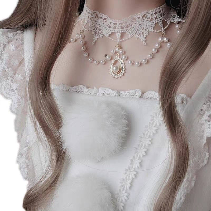 原创lolita洛丽塔项链宝石珍珠蕾丝颈链丝带配饰配件小物花嫁拍照