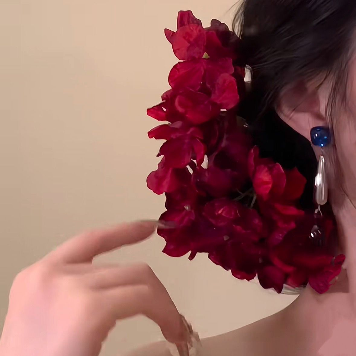 古风手作酒红仿真花朵新