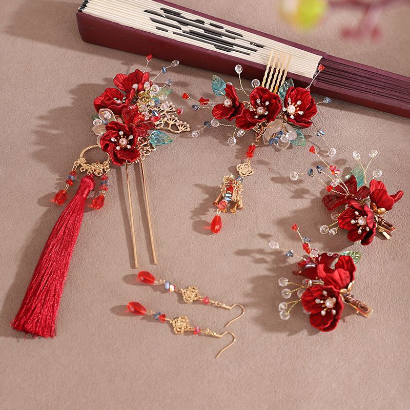 新款中式古风红色新娘花