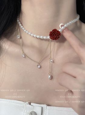 法式复古玫瑰花朵珍珠项