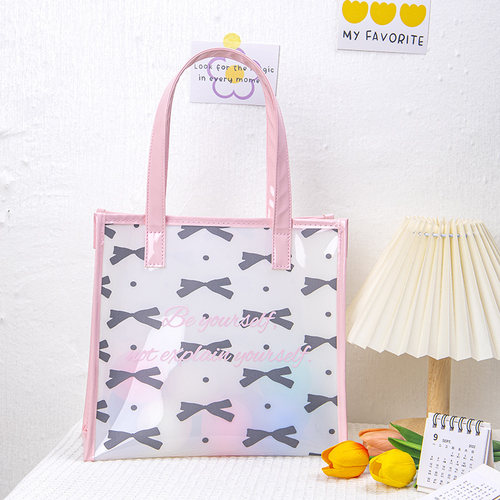 尚盈@粉红黑蝴蝶结群少女系防水透明手提果冻包沙滩防尘游泳包包