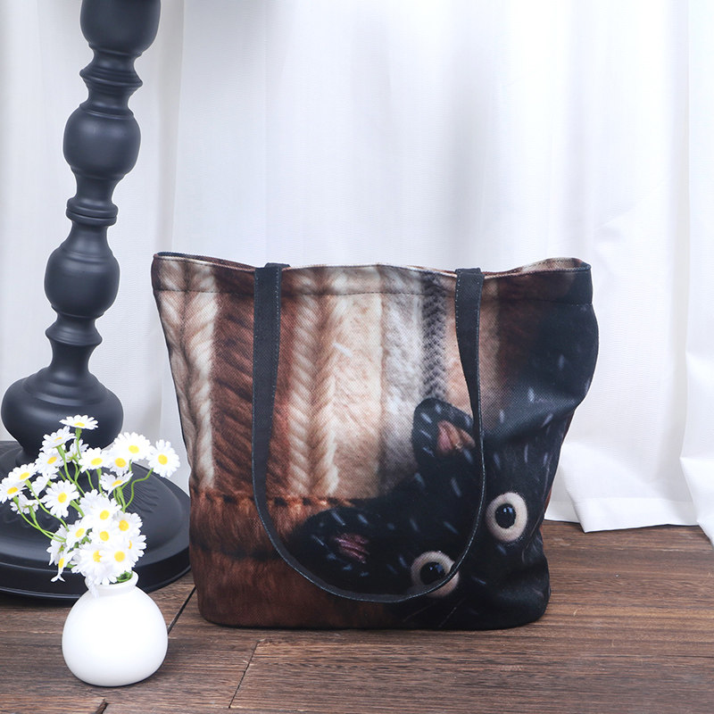 尚盈针织小黑猫绒布袋女学生手提便携手机钥匙托特包可爱化妆包