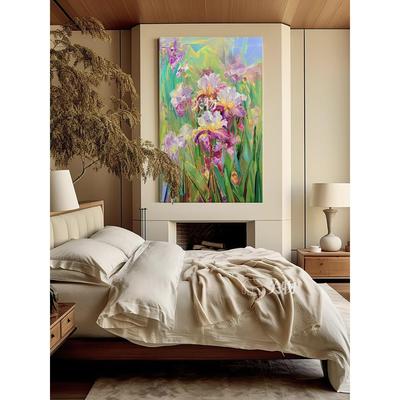 欧式紫色鸢尾花纯手绘油画绿植卧室装饰画迎门墙客厅入户玄关挂画